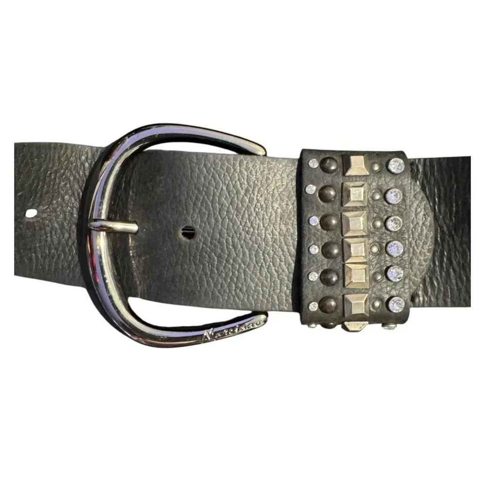 Marciano Women’s Black Studded Leather Belt with Silver Oversized Buckle